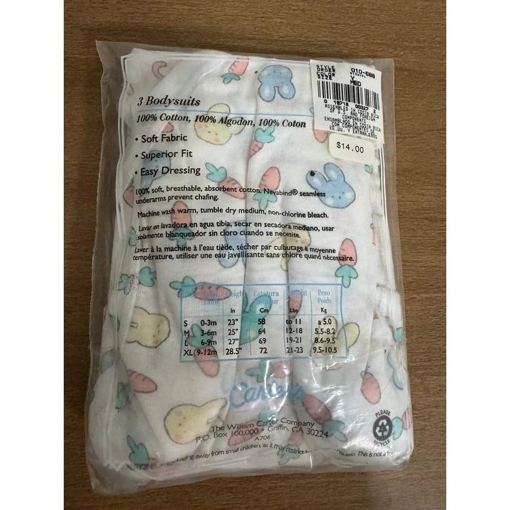 Vintage Carters Childrens Bodysuit Pack of 3- Bunny Carrot Easter Dead Stock 3-6